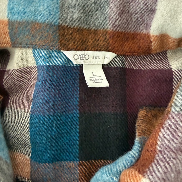 Cato Maroon/Brown/Blue Plaid Flannel Jacket Country Style W/Pockets Sz L E41 - Picture 2 of 5